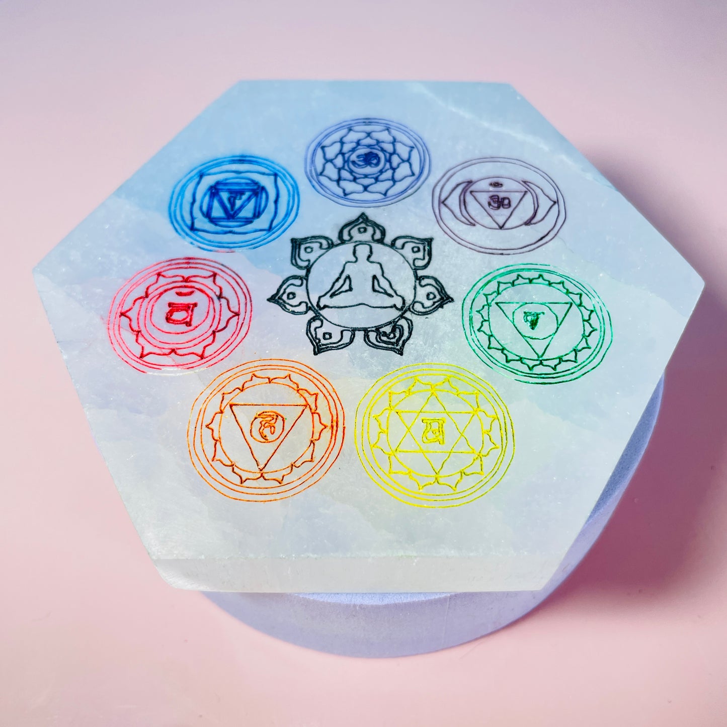 Selenite (Satin Spar) Etched Rainbow Chakra Hexagon Cleansing Plate 10cm