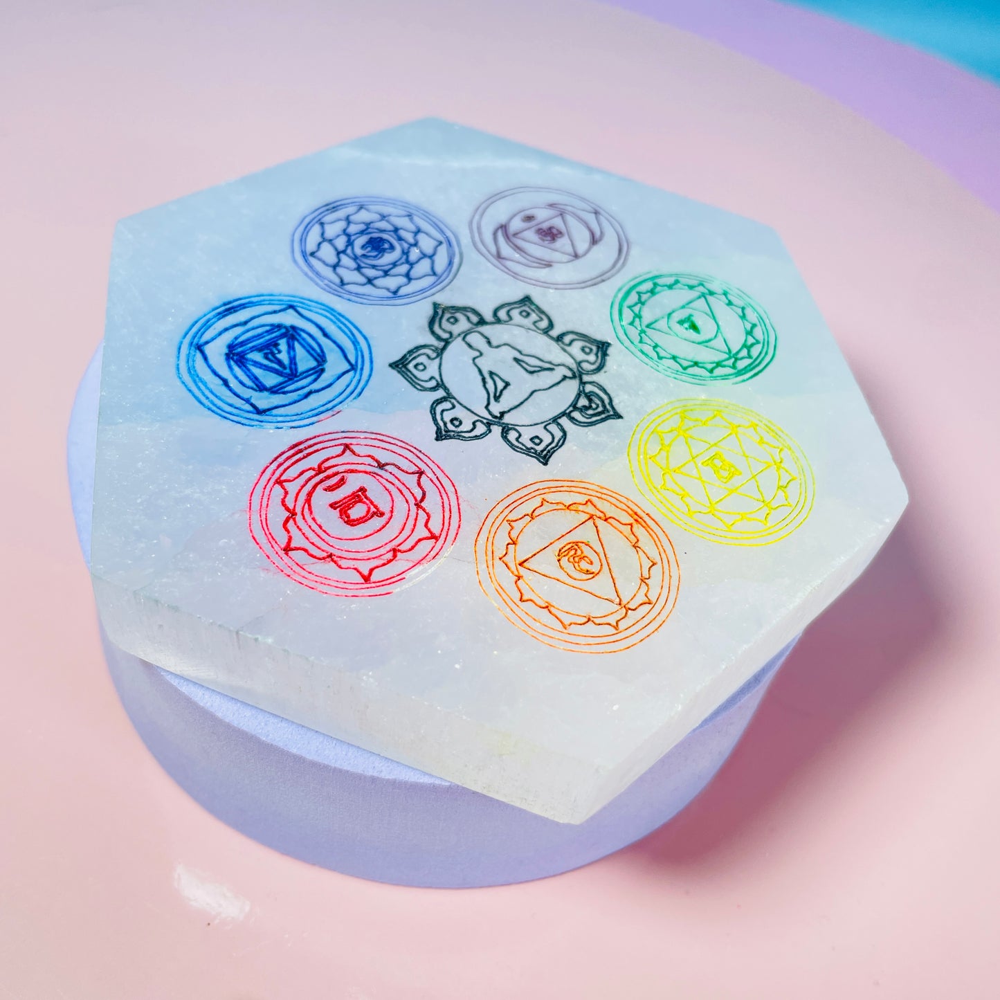 Selenite (Satin Spar) Etched Rainbow Chakra Hexagon Cleansing Plate 10cm