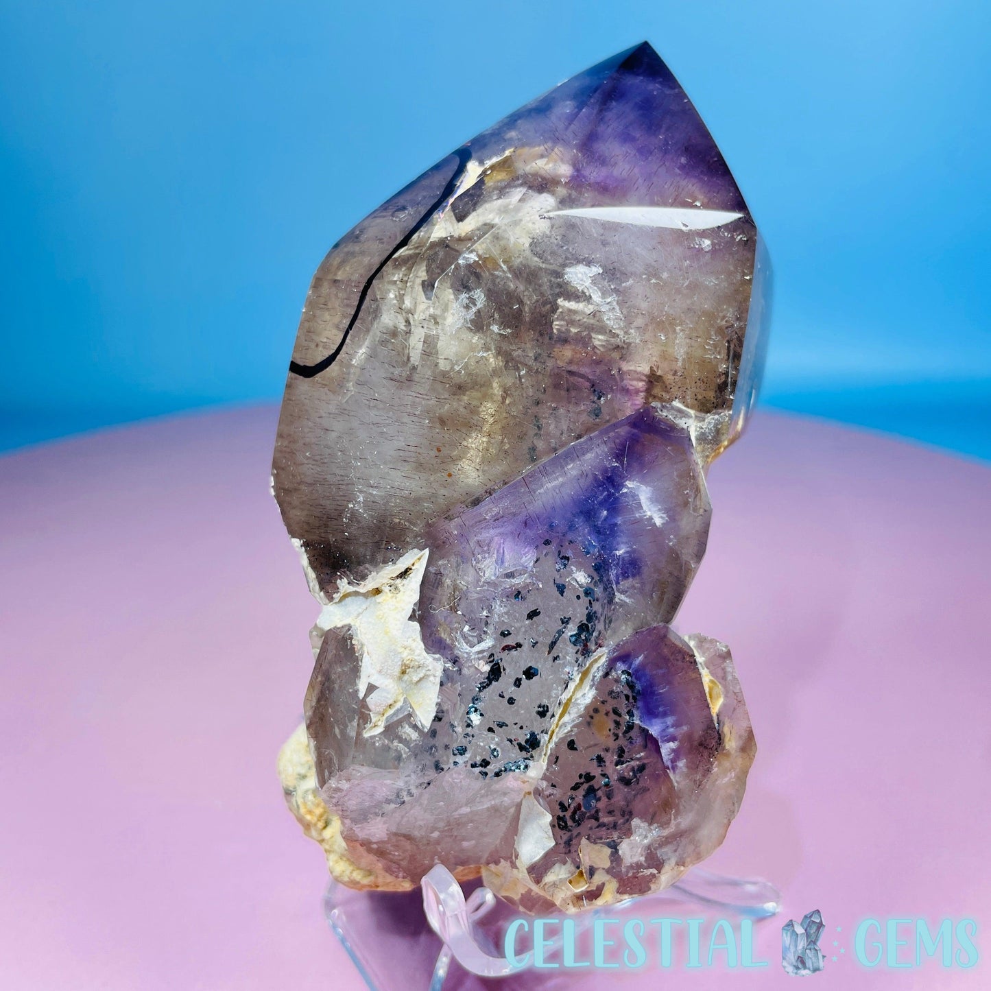 RARE Phantom Amethyst Enhydro Point with Specular Hematite (Video)