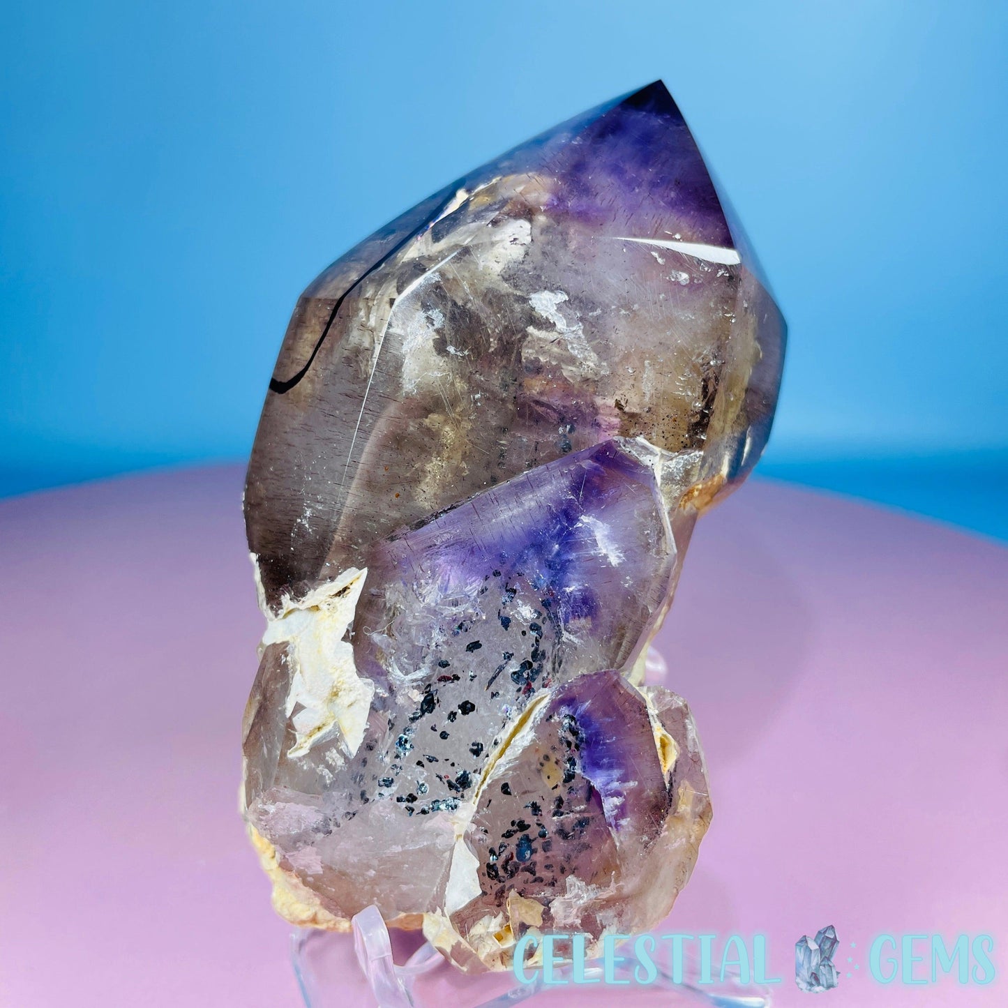 RARE Phantom Amethyst Enhydro Point with Specular Hematite (Video)