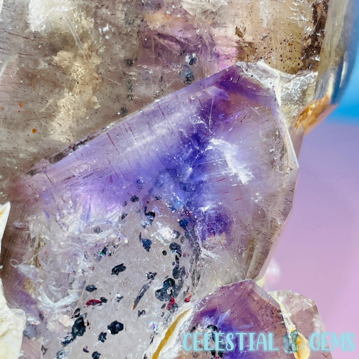 RARE Phantom Amethyst Enhydro Point with Specular Hematite (Video)