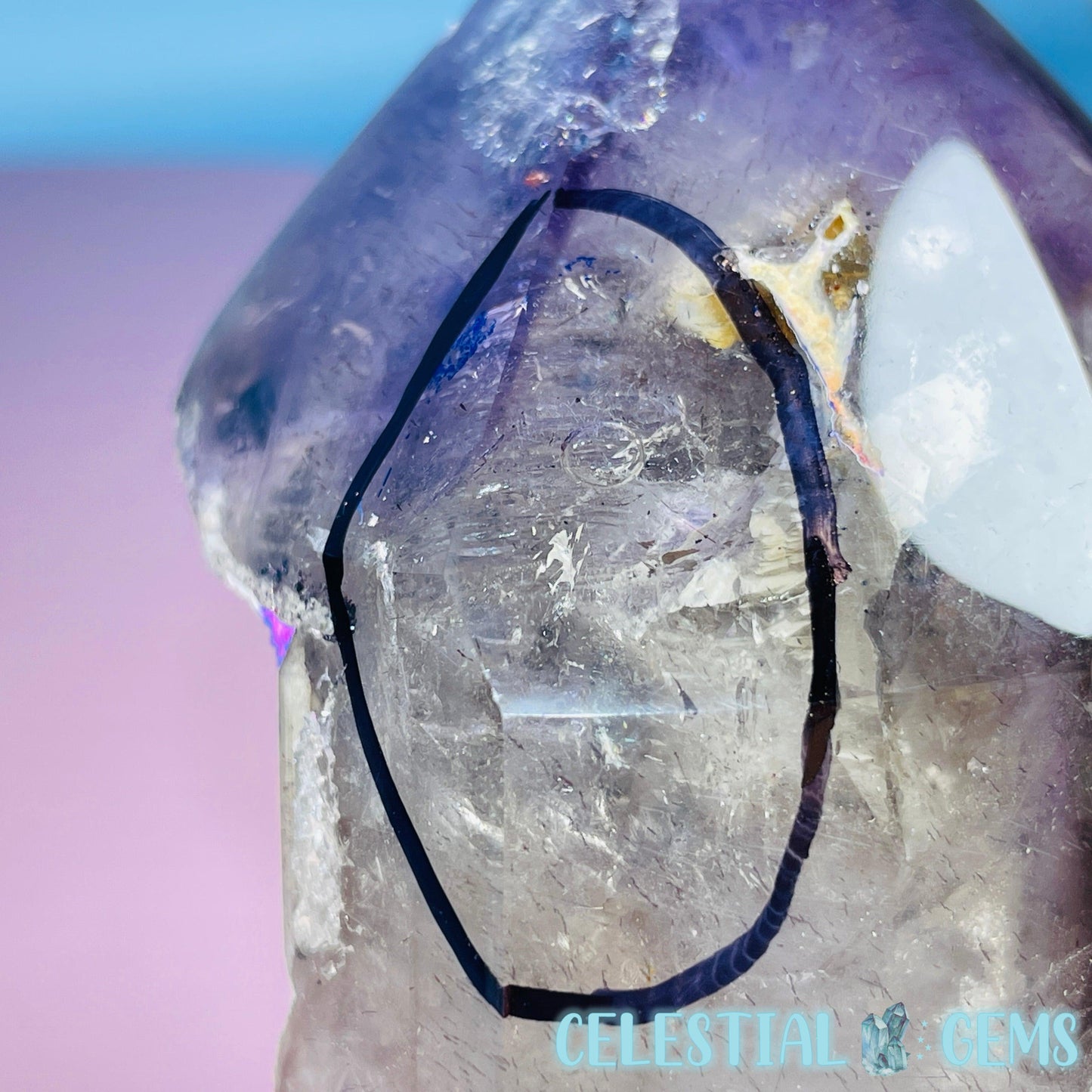 RARE Phantom Amethyst Enhydro Point with Specular Hematite (Video)