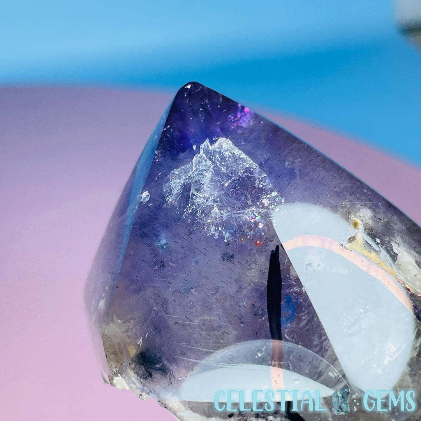 RARE Phantom Amethyst Enhydro Point with Specular Hematite (Video)