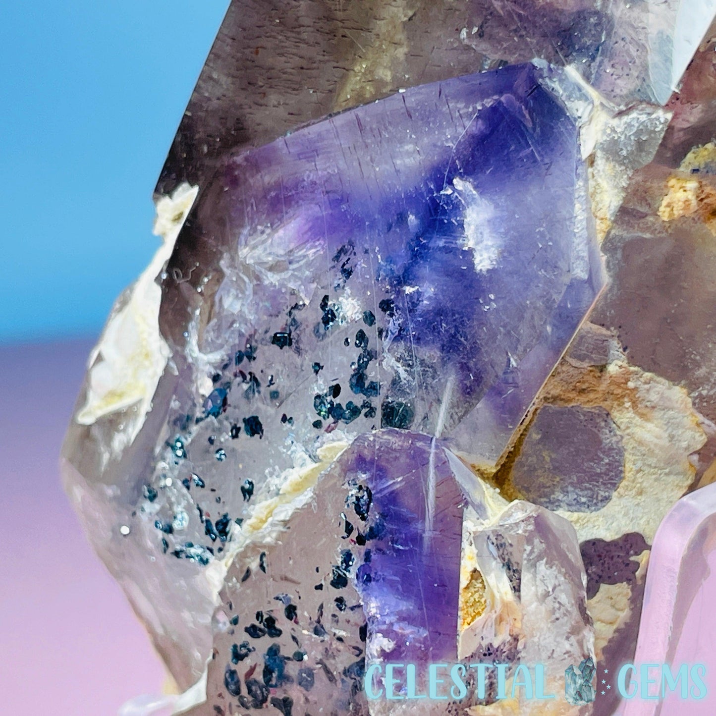 RARE Phantom Amethyst Enhydro Point with Specular Hematite (Video)