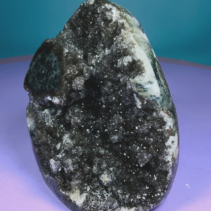 Black Amethyst Small Semi-Polished Cluster Freeform with Agate (Video)