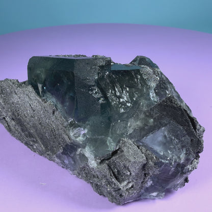 Octahedral Blue-Green Fluorite + Black Chalcedony Cluster Specimen, Fujian, China