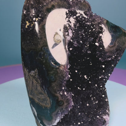 Amethyst Small Semi-Polished Cluster Freeform with Agate Stalactites (Video)