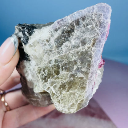 Pink + Black Tourmaline in Smoky Quartz with Lepidolite + Muscovite Raw Medium Chunk Specimen