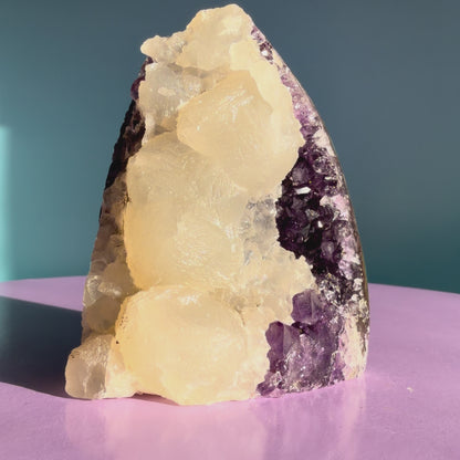 Amethyst Small Semi-Polished Cluster Freeform with Calcite (Video)