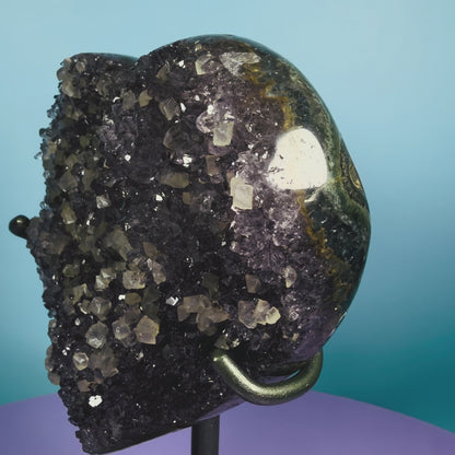 Amethyst Cluster Heart Medium Carving with Calcite on Metal Stand (Video)