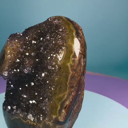 Rainbow Amethyst Small Semi-Polished Cluster Freeform with Agate Stalactites (Video)