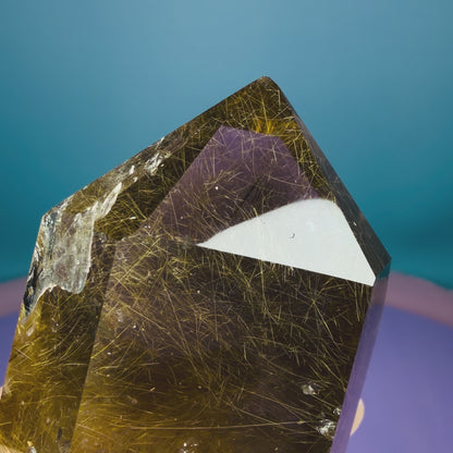 Gold Rutile Quartz Semi-Polished Large Point with Manifestation Crystals
