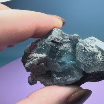 Octahedral Blue-Green Fluorite + Black Chalcedony Cluster Specimen, Fujian, China
