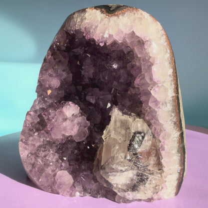 Amethyst Large Semi-Polished Cluster Freeform with Optical Calcite (Video)