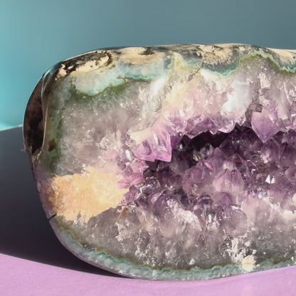 Amethyst Large Semi-Polished Geode Freeform with Polished Agate (Video)