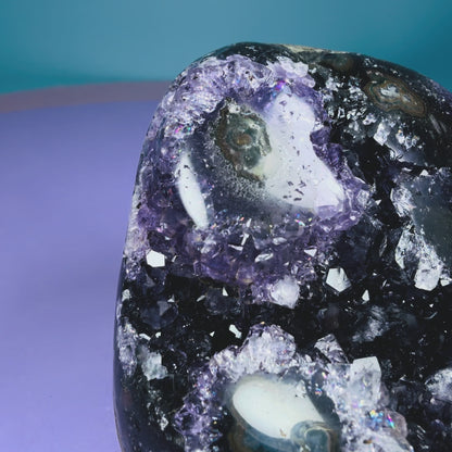 Amethyst Medium Semi-Polished Cluster Freeform with Polished Agate Stalactites (Video)