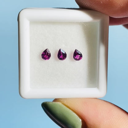 Rhodolite Garnet Set of 3 Faceted Pear-Cut Gemstones in Specimen Box