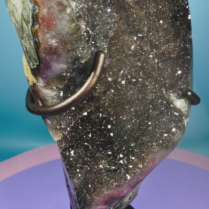 Rainbow Amethyst Large Semi-Polished Cluster Freeform on Metal Stand (Video)
