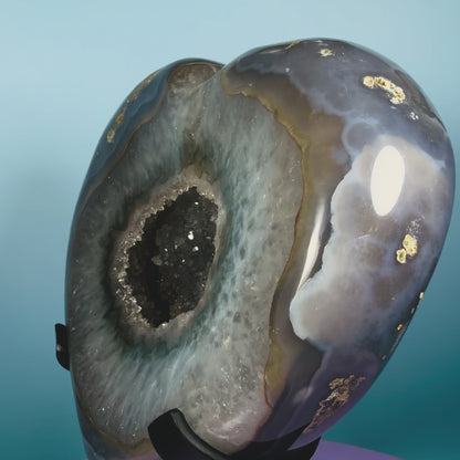 Druzy Blue Agate Heart Extra Large XL Carving on Metal Stand (Video)