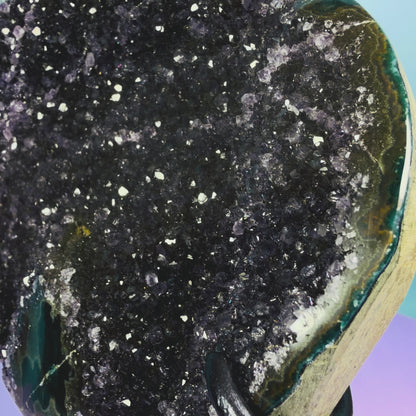 Amethyst Large Semi-Polished Cluster Freeform with Agate on Metal Stand (Video)