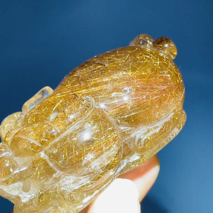 AAA Grade Red + Gold Rutilated Quartz 'Pixiu' Dragon Frog Medium Carving (Video)