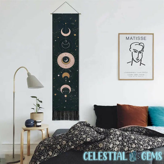 Black/Pink Geometric Moon Phase Wall Hanging Vertical Long Tapestry