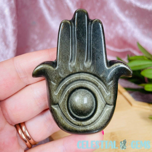 Golden Sheen Obsidian Hamsa Hand/Turkish Evil Eye Medium Carving
