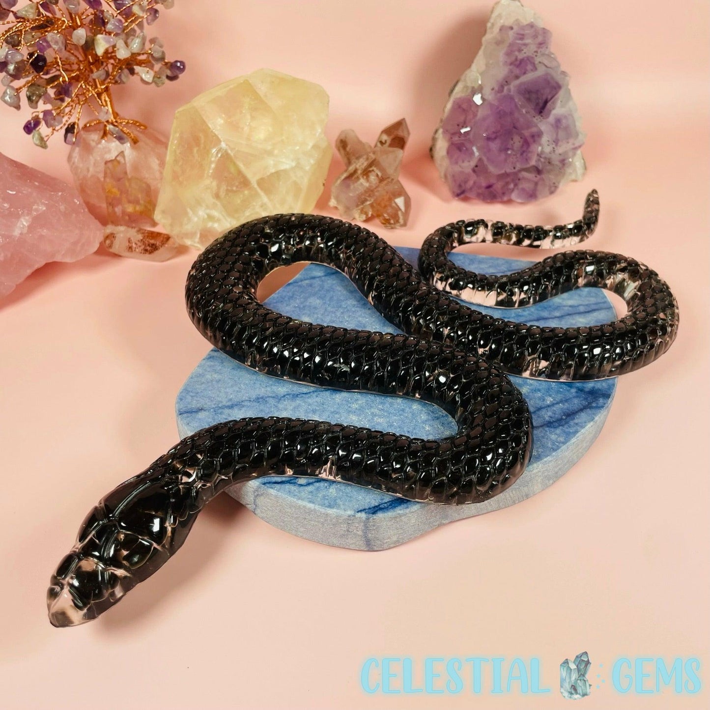 Obsidian Crystal Chip Resin Snake Large Carving