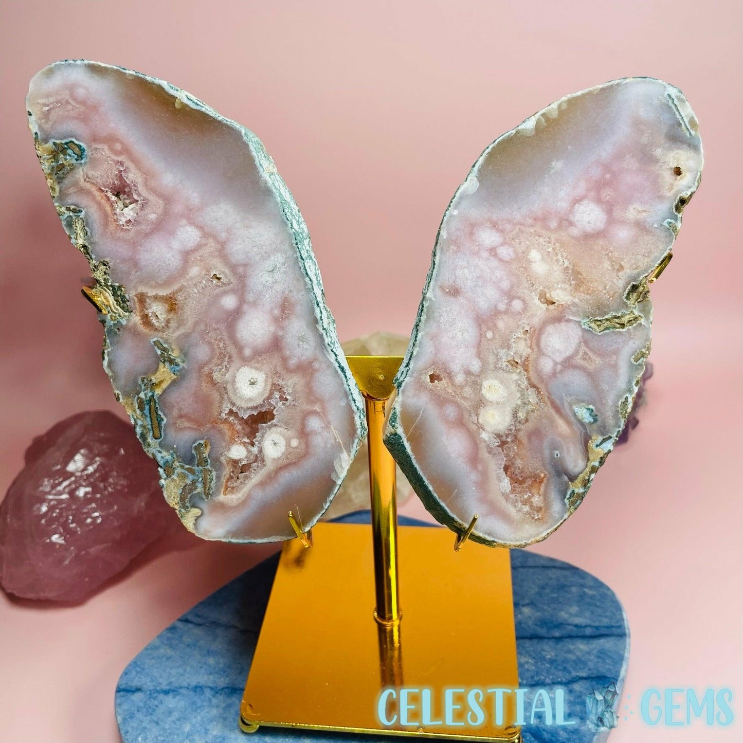 Pink Amethyst Slab Butterfly Wings on Metal Stand