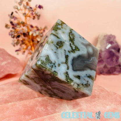 Moss Agate Floating Cube Medium Carving A