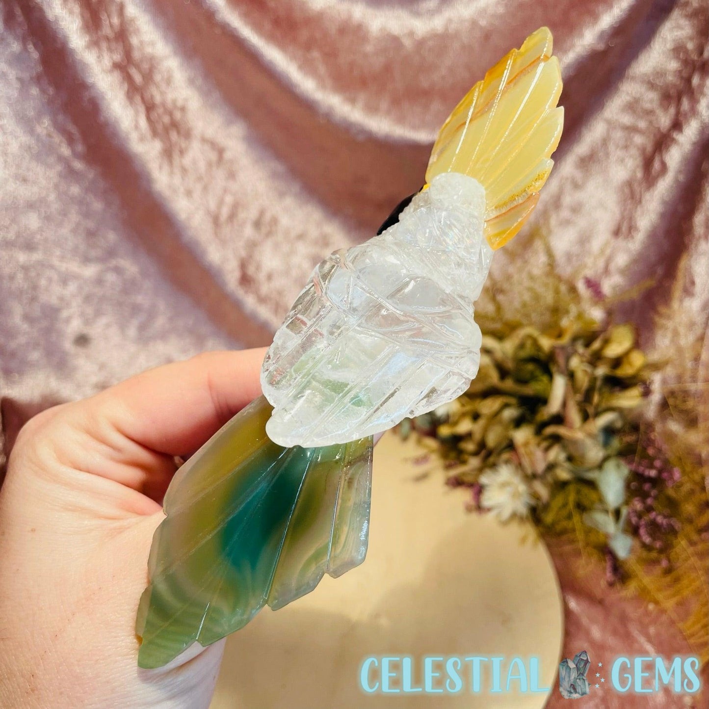 Clear Quartz, Green & Yellow Agate Parrot Bird Medium Carving for Crystal Cave Perch