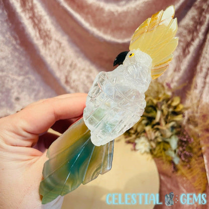 Clear Quartz, Green & Yellow Agate Parrot Bird Medium Carving for Crystal Cave Perch