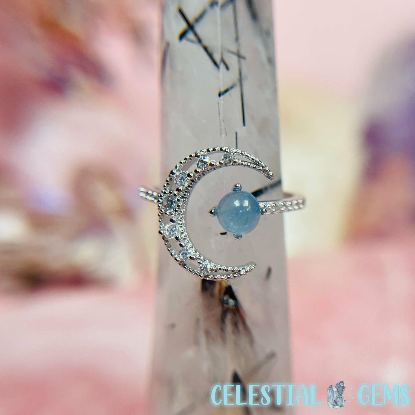 Crescent Moon CZ Silver Ring (Aquamarine / Golden Rutile / Moonstone)