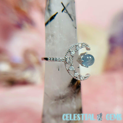 Crescent Moon CZ Silver Ring (Aquamarine / Golden Rutile / Moonstone)