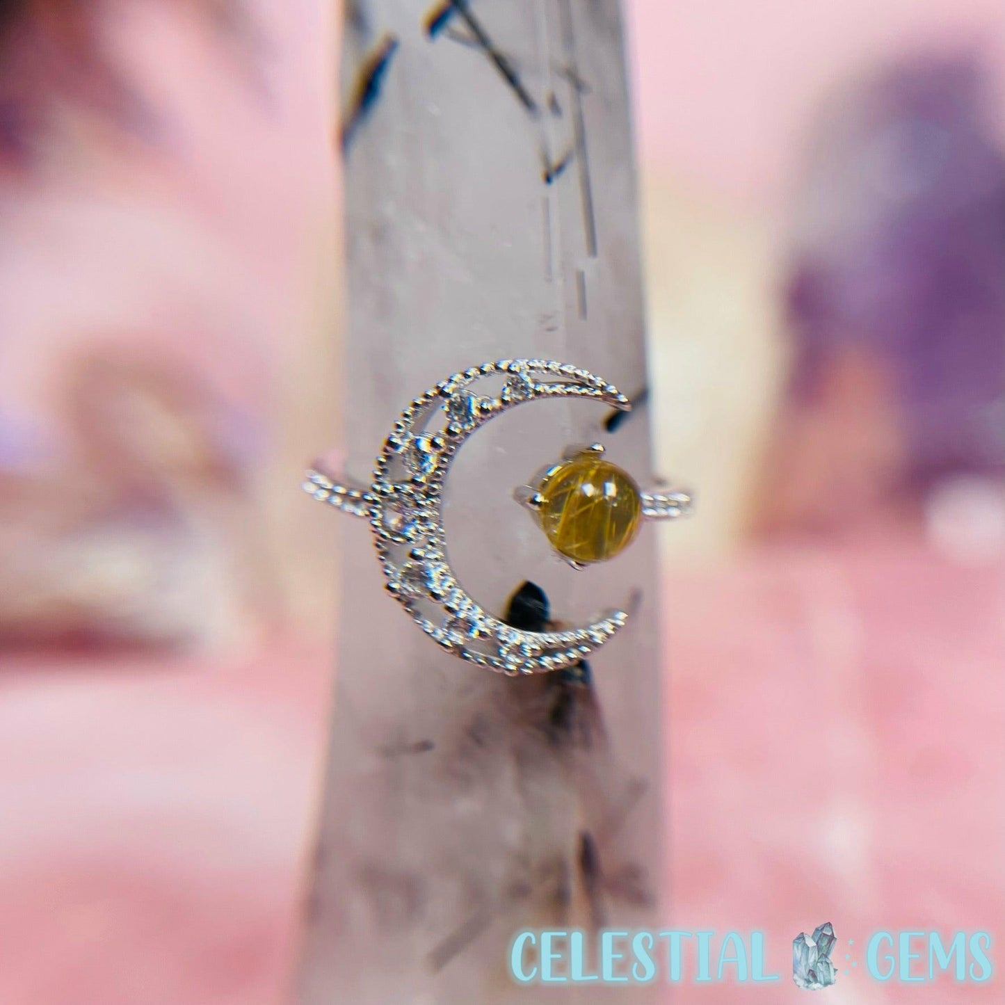 Crescent Moon CZ Silver Ring (Aquamarine / Golden Rutile / Moonstone)