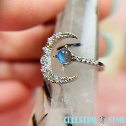 Crescent Moon CZ Silver Ring (Aquamarine / Golden Rutile / Moonstone)