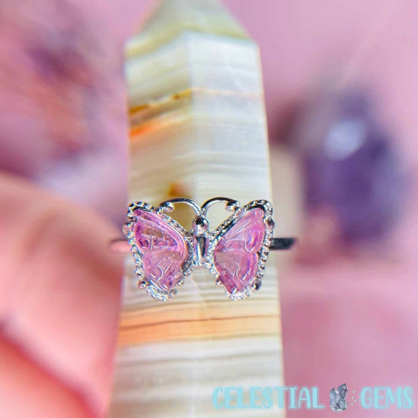 Pink Tourmaline Butterfly Wing Silver Ring (Adjustable)