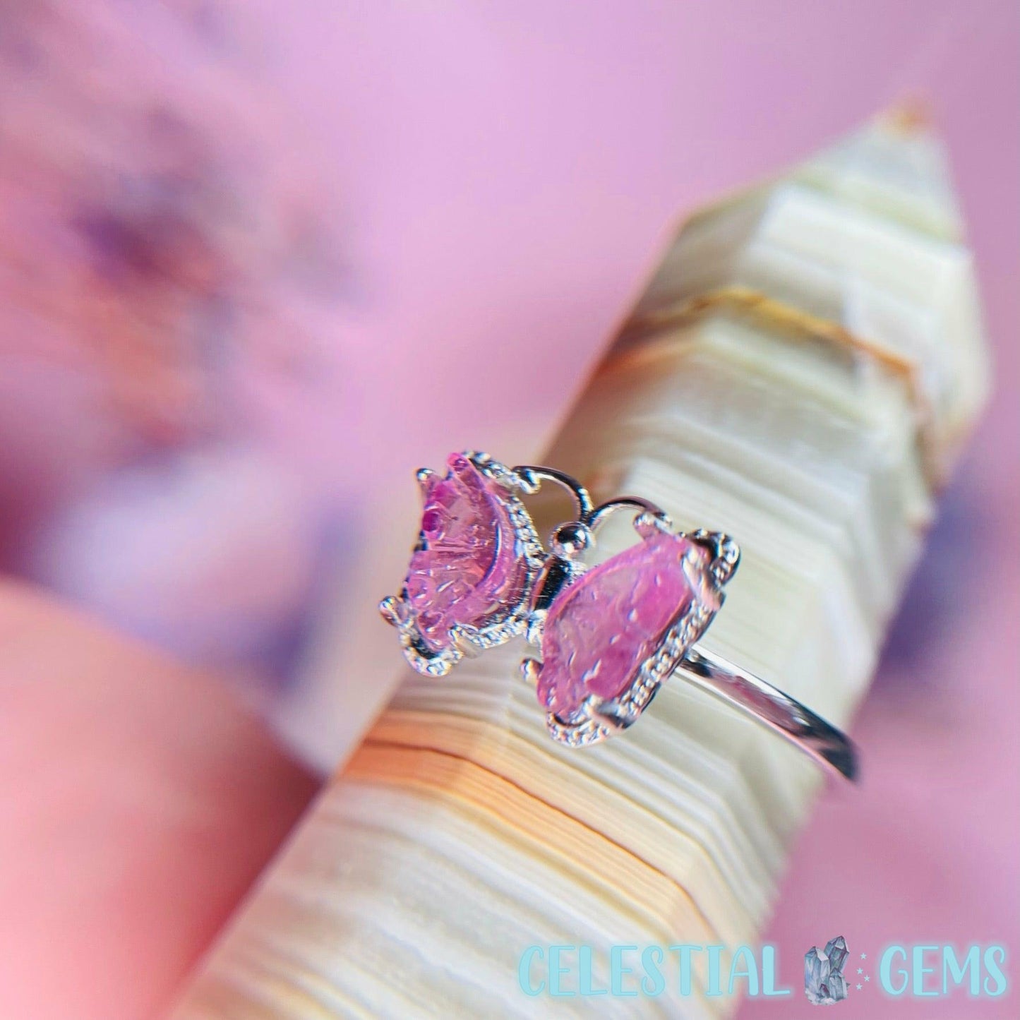 Pink Tourmaline Butterfly Wing Silver Ring (Adjustable)