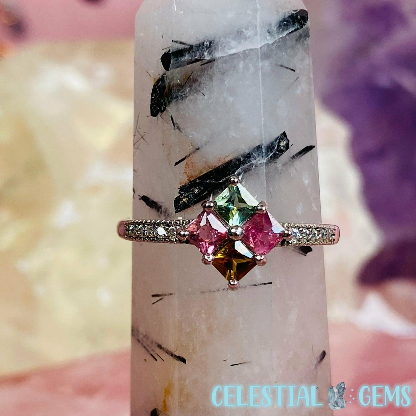 Faceted Mixed Tourmaline Silver Ring (Adjustable)