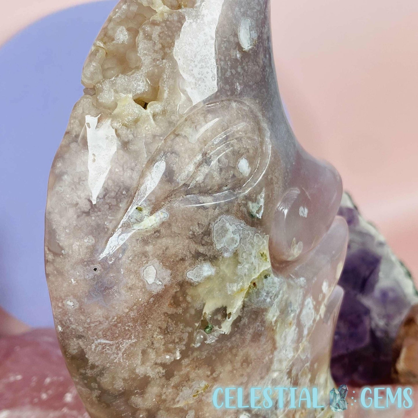 Pink Amethyst + Flower Agate Moon Face XL Carving