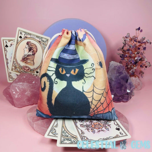 Halloween Cat-in-a-Hat Tarot Drawstring Bag