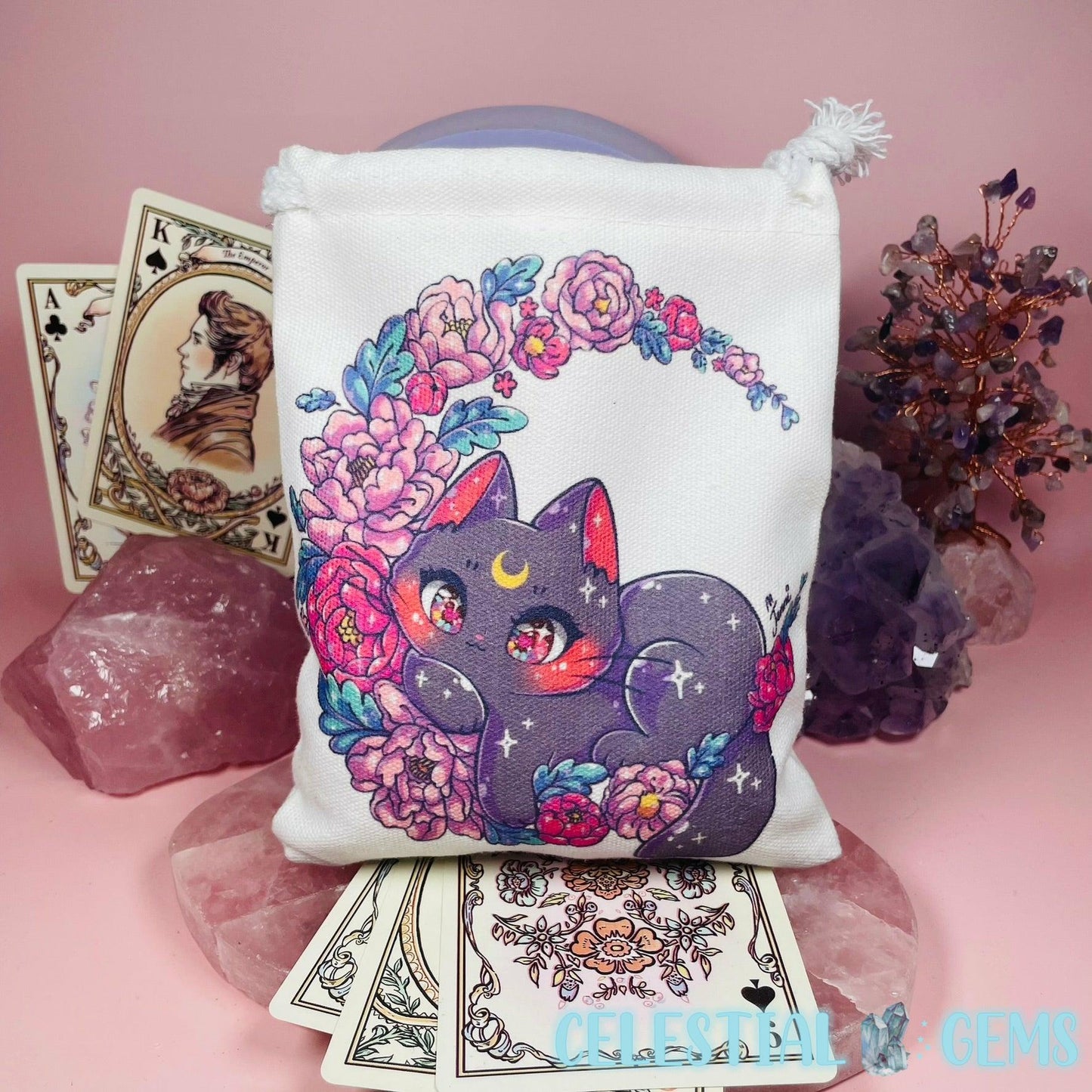 Floral Lunar Kitty Tarot Drawstring Bag