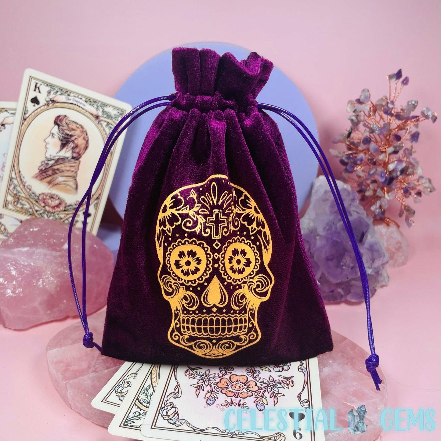 Purple Sugar Skull Tarot Drawstring Bag