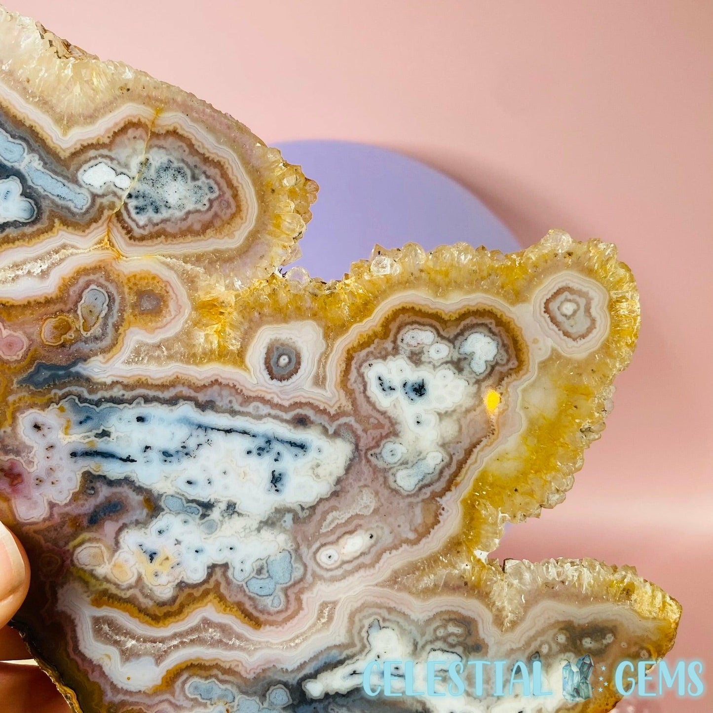 High Quality Pastel Rainbow Crazy Lace Agate Large Slice (Crystal Druzy Border!)