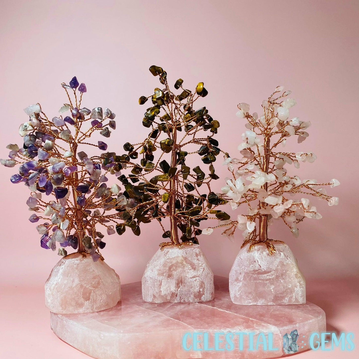 Crystal Chip Tree with Rose Quartz Chunk Base (Amethyst/Rose/NEW Tigers Eye Available)