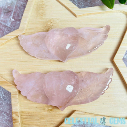 High Quality Rose Quartz Heart With Wings Small Carving