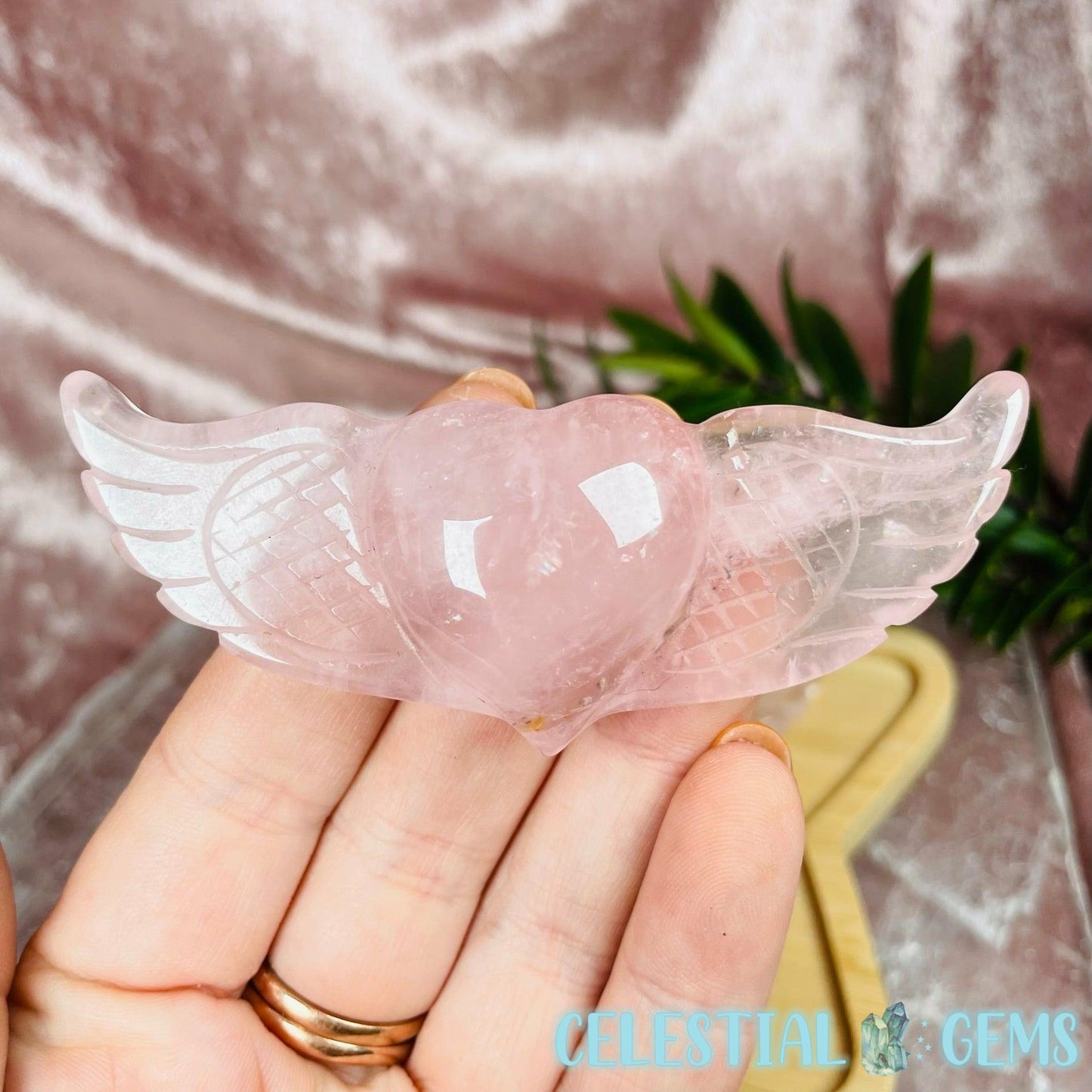 High Quality Rose Quartz Heart With Wings Small Carving