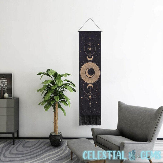 Gold/Black Geometric Moon Phase Wall Hanging Vertical Long Tapestry